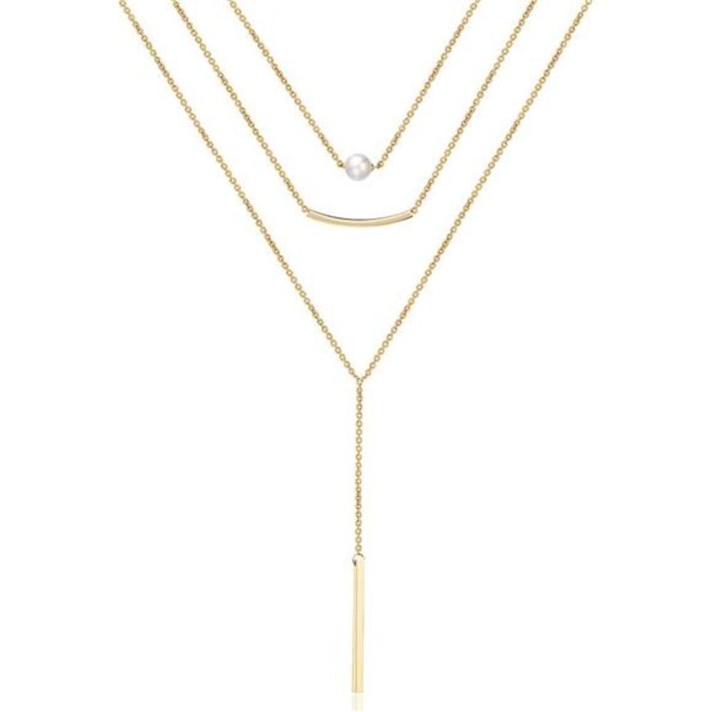 Dainty Layered Choker Necklace, Handmade 14K Gold Plated Y Pendant - Picture 1 of 6